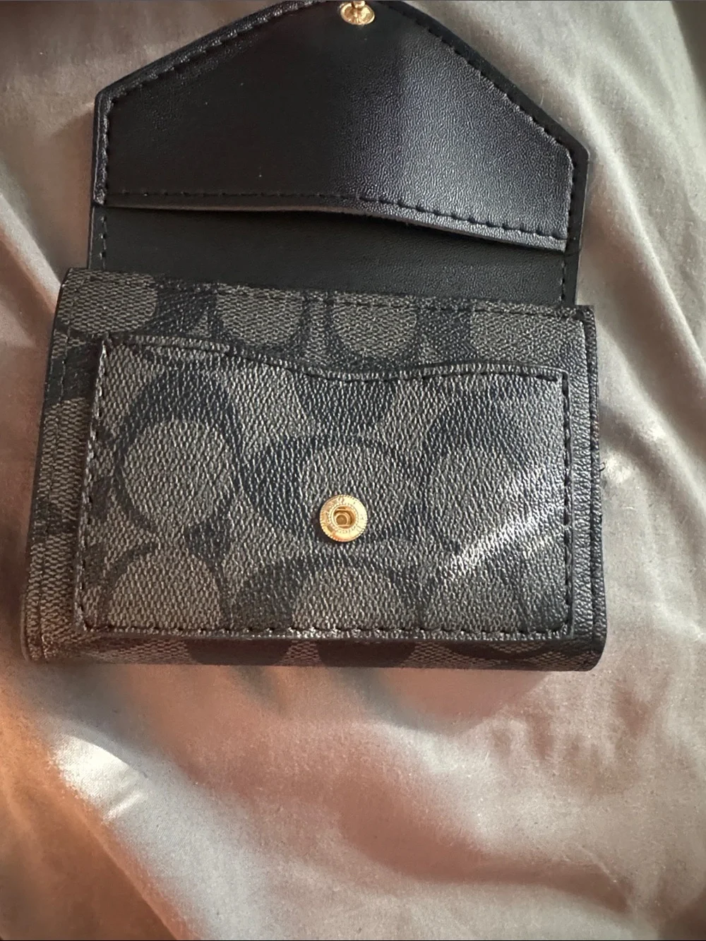 Coach Black Signature Mini Card Case Wallet with Gold 'C' Accent
